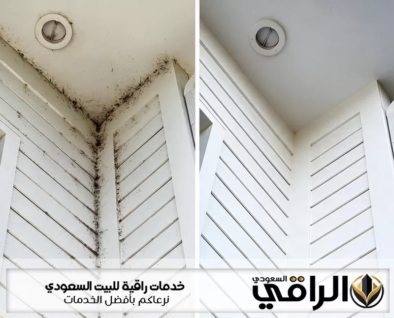 إزالة الأوساخ والعفن من زوايا السقف والجدران وظهور المكان بعد التنظيف بشكل نظيف ومرتب