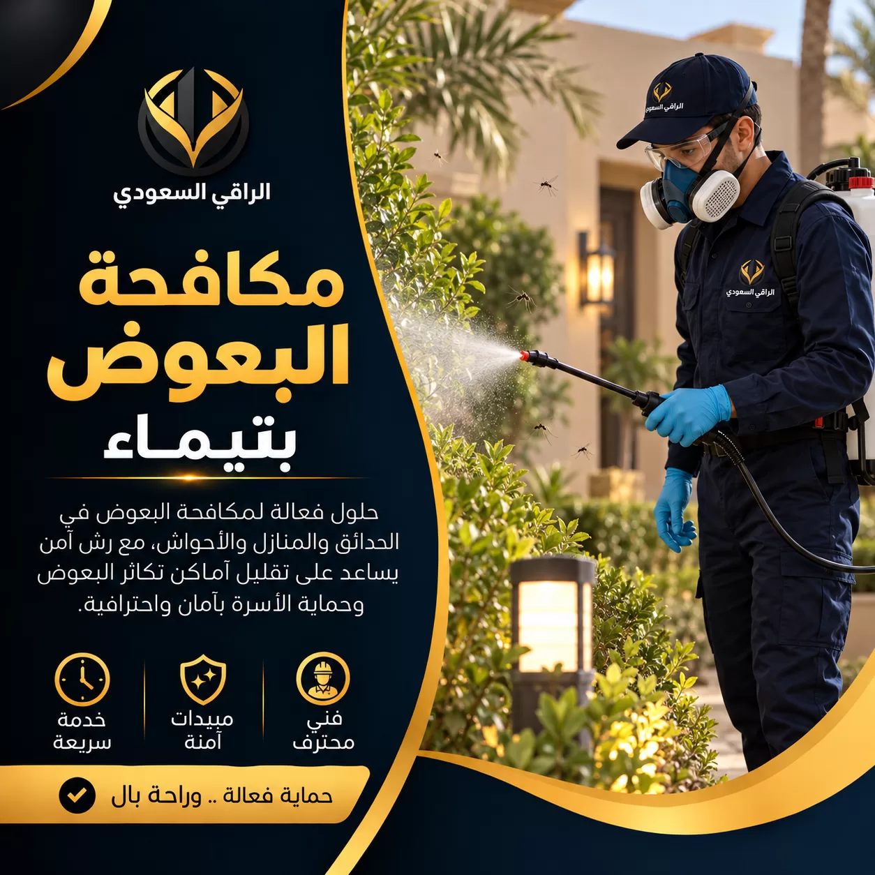مكافحة البعوض بتيماء | الراقي السعودي فني شركة مكافحة حشرات بتيماء يرش المبيدات في حديقة منزلية للقضاء على الآفات جيد.