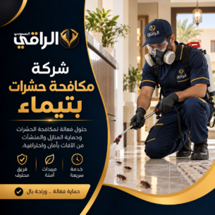 فني شركة مكافحة الحشرات بتيماء يرش مبيدا داخل مطبخ أبيض مرتديا قفازات وكمامة للوقاية أثناء الرش بدقة