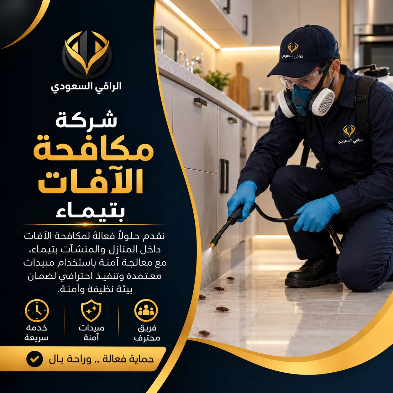 مكافحة الافات بتيماء | الراقي السعودي فني مكافحة النمل الأسود بتيماء يرش مبيدات حول الحيطان والأرضيات ليمنع عودة النمل