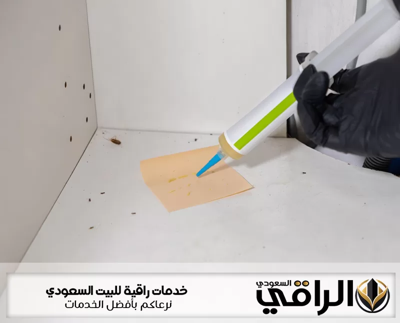 فني شركة مكافحة الحشرات بتيماء يضع الجل المخصص للصراصير داخل خزانة بيضاء بجوار الحشرات وأماكن تجمعها